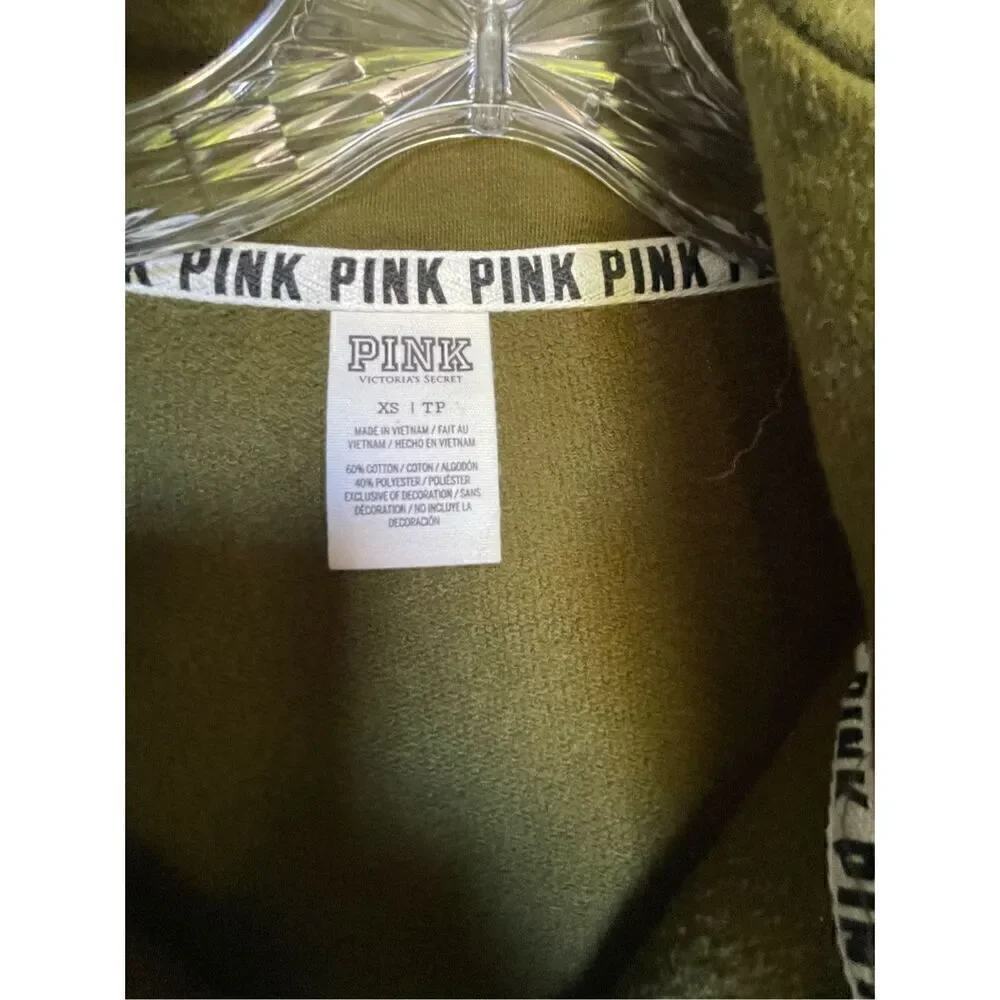 Victoria Secret Pink Olive Green 1/4 zip Pull over sweater Jacket Size XS - Picture 9 of 12
